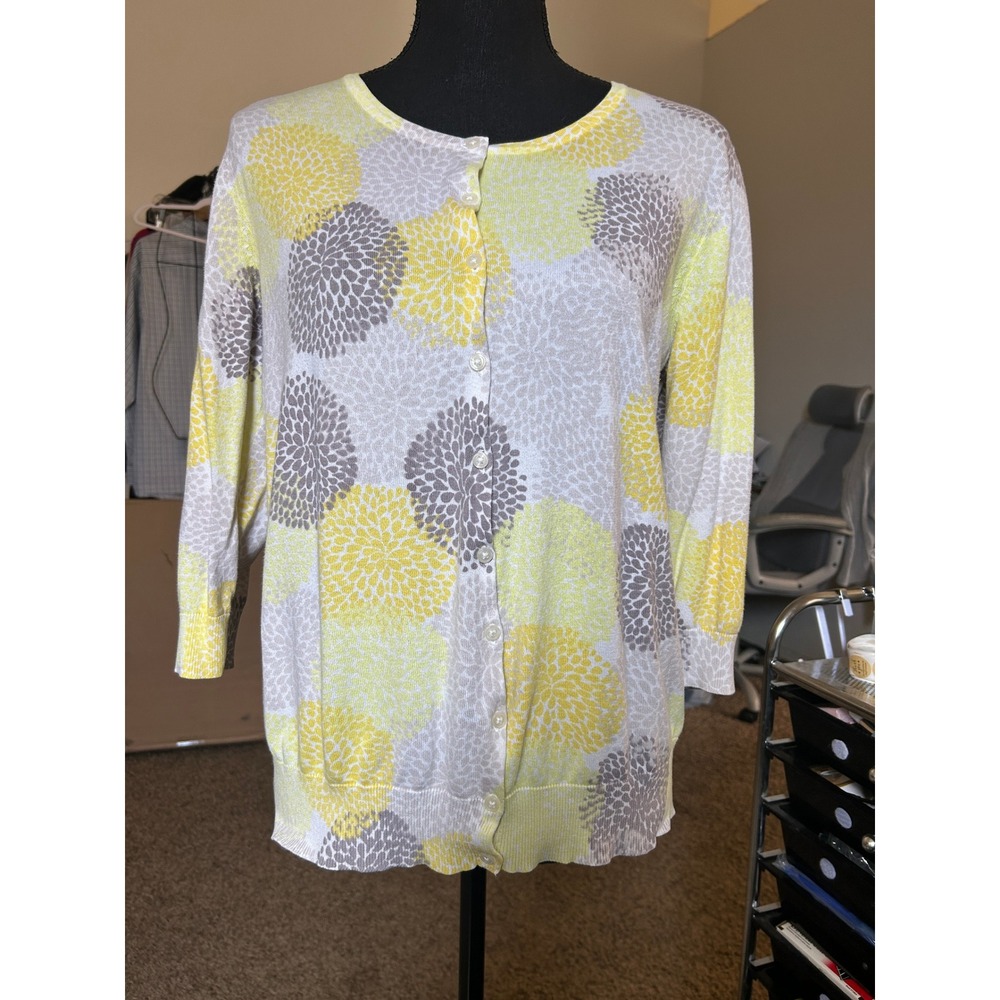 Old Navy Cardigan Women XXL Yellow Grey Excellent 3/4 Sleeve Floral Cotton